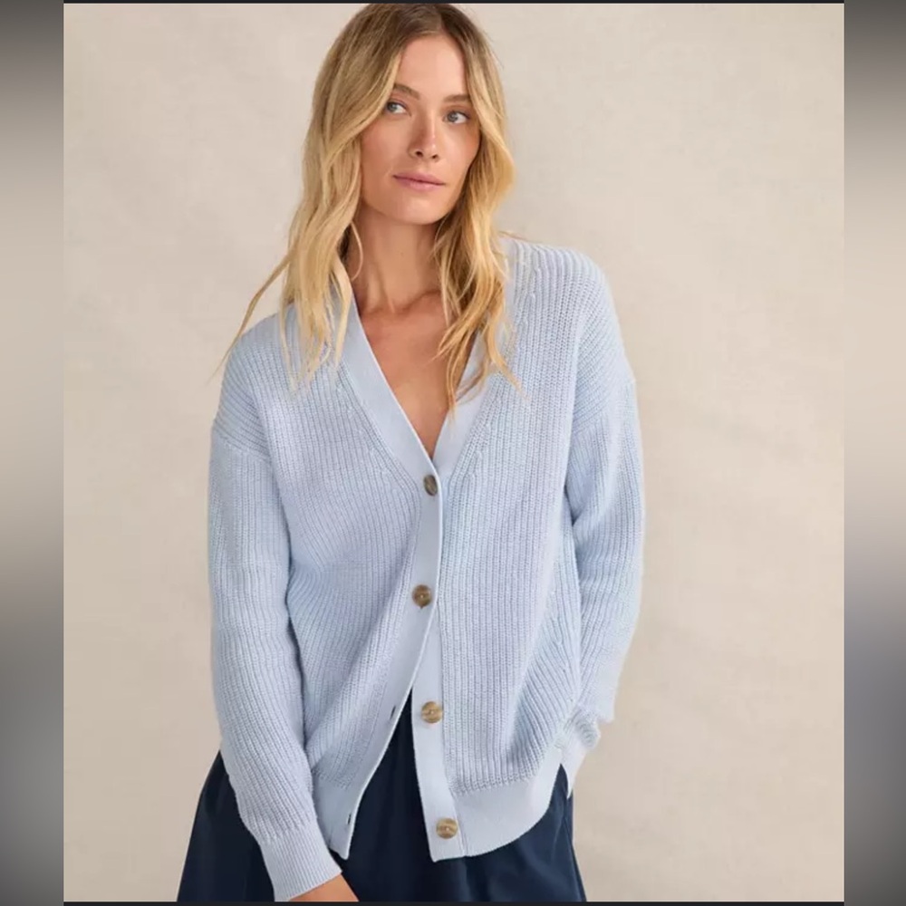 Women’s Ann Taylor Loft Baby Blue Ribbed Cardigan Sweater Brown Buttons Medium M